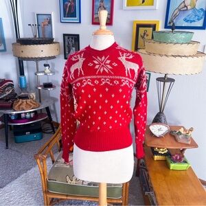 Vintage 1940s Sweater | Deer | Ski | Novelty | Red | Wool | S M  | 40s l Jantzen